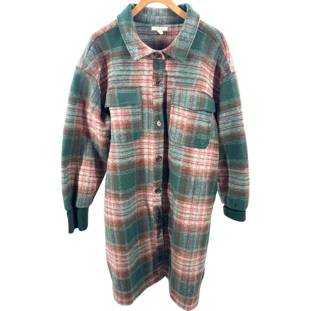 Maurices XXL Plaid Longline Shacket Green Pink Button Front Shirt Jacket